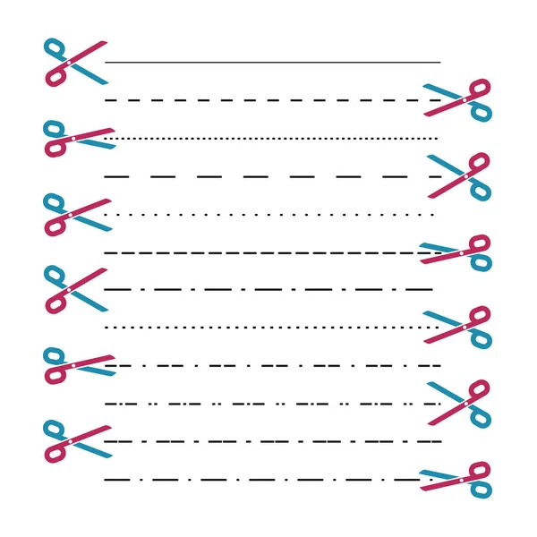 Vecteurs de ciseaux avec lignes coupées, points, lignes pointillées. Découpage des lignes. Vecteur — Image vectorielle