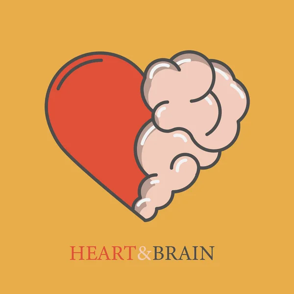 Coração e cérebro plana design vetor ícone moderno logotipo. Interação entre alma e inteligência, emoções e pensamento racional ou trabalho em equipe e equilíbrio —  Vetores de Stock