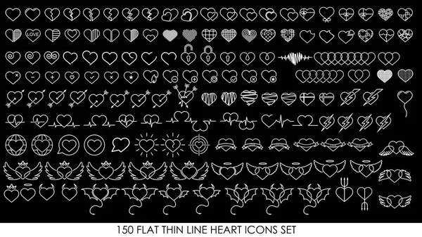 150 flache dünne Linien Herzsymbole gesetzt — Stockvektor