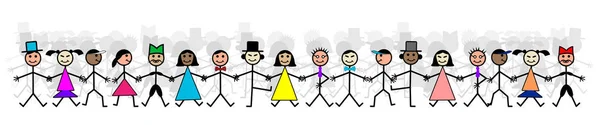 Ruční kresba s úsměvem šťastných lidí se drží za ruce. Koncept přátelství s lidskou rasou. Skupinový vektor samec a samice — Stockový vektor