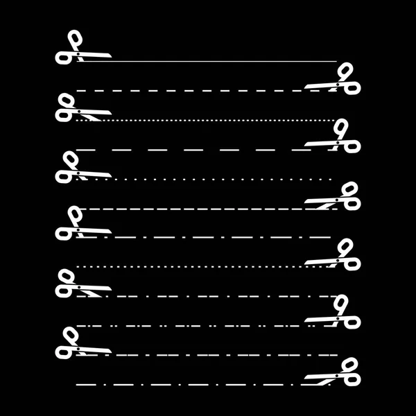Tijeras vectores con líneas de corte, punto, líneas discontinuas. Líneas divisorias — Archivo Imágenes Vectoriales