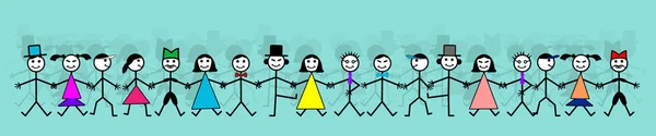 Hand drawing smiling happy people holding hands. Human race frie — Stock Photo, Image