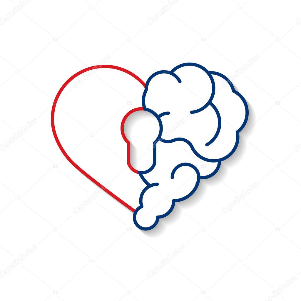 Emotional brain lock security. Broken Heart and Brain with key hall vector flat modern icon logo vector design. Interaction between soul key for intelligence, emotions, loneliness, divorce, broken relationship, rational thinking.  Object isolated on