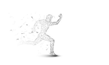 Düşük Poly, Çokgen ve üçgen ile soyut Sprinter futuristik arka plan. Noktalar, daireler ve çizgiler spor Runner kavramı. Moleküler kavram. Tel kafes ışık bağlantı yapısı vektör Illüstrasyon