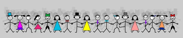 Mano dibujando sonrientes personas felices cogidas de la mano. Concepto de amistad de raza humana. vector de grupo masculino y femenino — Foto de Stock