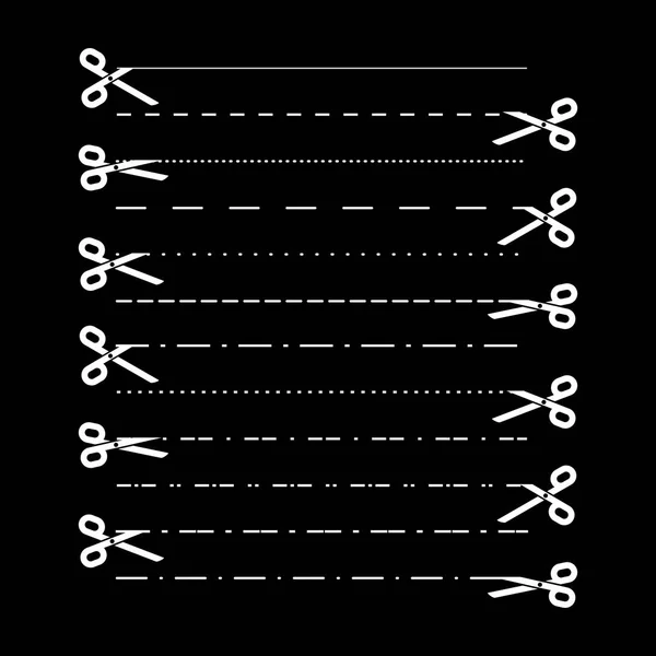 Tijeras vectores con líneas de corte, punto, líneas discontinuas. Recorte de líneas divisorias. Vector — Vector de stock