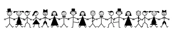 Mano dibujando sonrientes personas felices cogidas de la mano. Concepto de amistad de raza humana. Vector de grupo masculino y femenino Objeto aislado en blanco — Archivo Imágenes Vectoriales