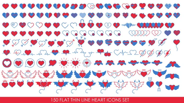 150フラット細線ハートアイコンは、白で孤立したオブジェクトを設定します — ストックベクタ