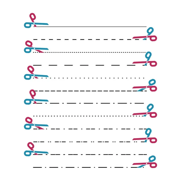 Vecteurs de ciseaux avec lignes coupées, points, lignes pointillées. Diviser le lin — Image vectorielle