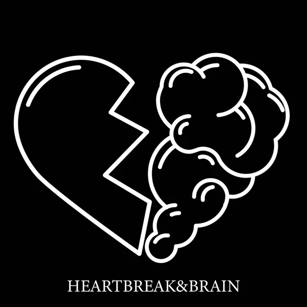 Heartbreak vector. Broken Heart and Brain flat modern icon logo vector design. Interaction between soul and intelligence, emotions, loneliness, divorce, broken relationship, rational thinking — Stock Vector