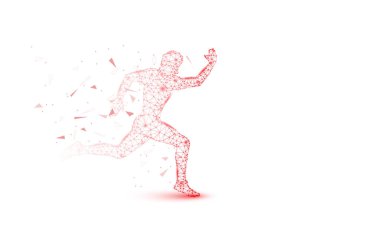 Düşük Poly, Çokgen ve üçgen ile soyut Sprinter futuristik arka plan. Noktalar, daireler ve çizgiler spor Runner kavramı. Moleküler kavram. Tel kafes ışık bağlantı yapısı vektör Illüstrasyon