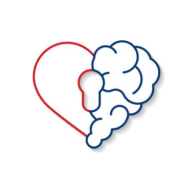 Duygusal beyin kilidi güvenliği. Kırık kalp ve beyin ile anahtar salon vektör düz modern simge Logo vektör tasarımı. Zeka, duygular, yalnızlık, boşanma, kırık ilişki, rasyonel düşünme için ruh anahtarı arasındaki etkileşim