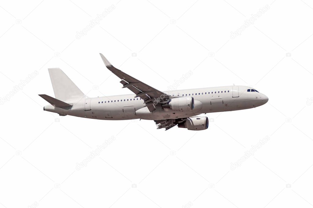 White passenger commercial plane side view in flight isolated on white. The aircraft flies airplane a background of clouds. - Image 