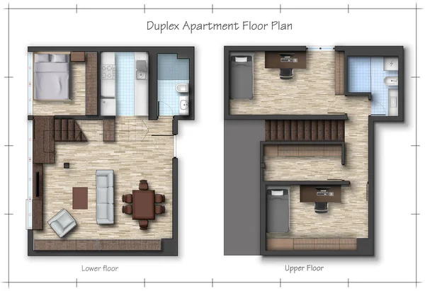 Архитектурный Цвет Duplex Поэтажный План Дизайн Интерьера Мебелью Размещения — стоковое фото