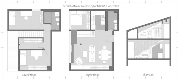 建筑复式公寓平面图及部分 布置家具的室内工程设计 — 图库照片