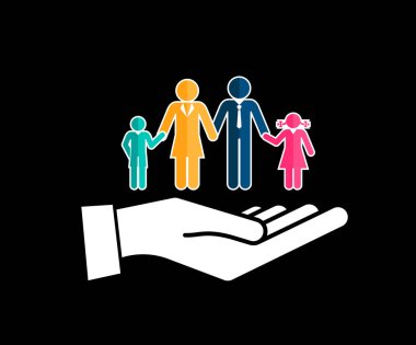 Aile Elleri bir sembol tutuyor. Sağlık, emeklilik, güvenlik, koruma ikonu. Ebeveynler ve çocuklar, vektör