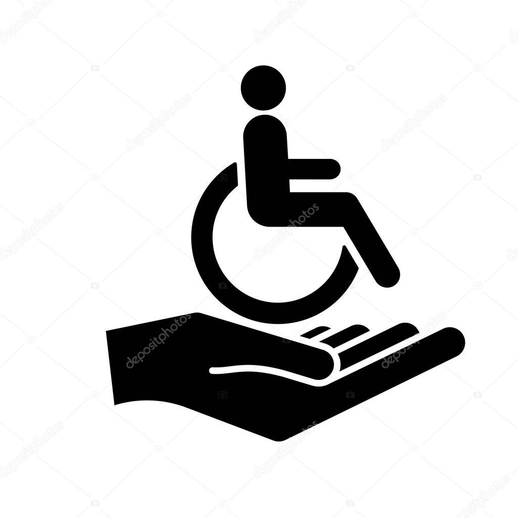 Disability person in the wheelchair with helper hand. Handicapped patient. Disabled Icon vector.