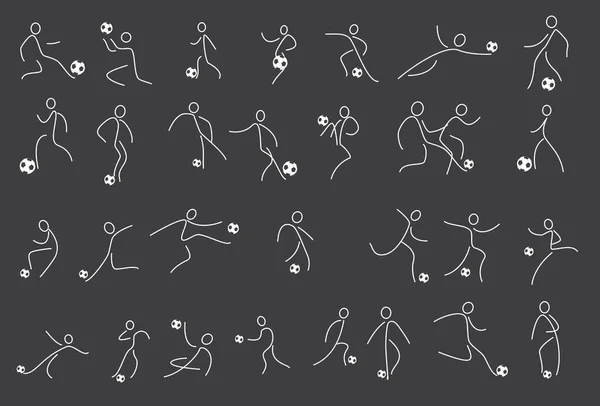 足球运动员踢球和守门员 集合不同足球姿势的集合 直线矢量图 — 图库矢量图片