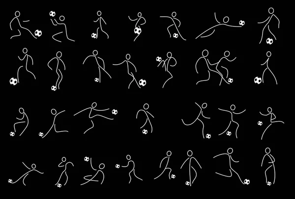 足球运动员踢球和守门员 集合不同足球姿势的集合 直线矢量图 — 图库矢量图片