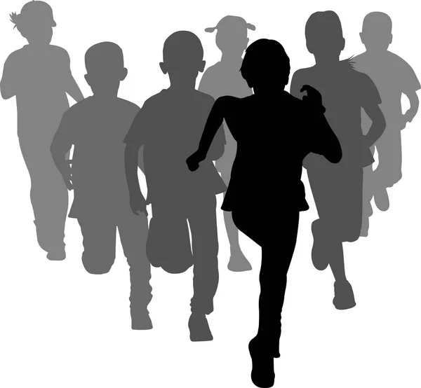 Gruppe Von Jungen Und Mädchen Vorschulalter Laufen Silhouetten Vektor — Stockvektor