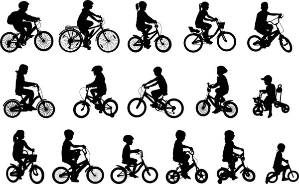 Crianças Andando Bicicleta Coleção Silhuetas Vetor — Vetor de Stock