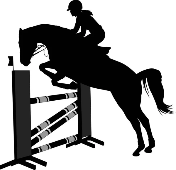 Um espectáculo de saltos. cavalo com jockey pulando uma silhueta obstáculo —  Vetores de Stock