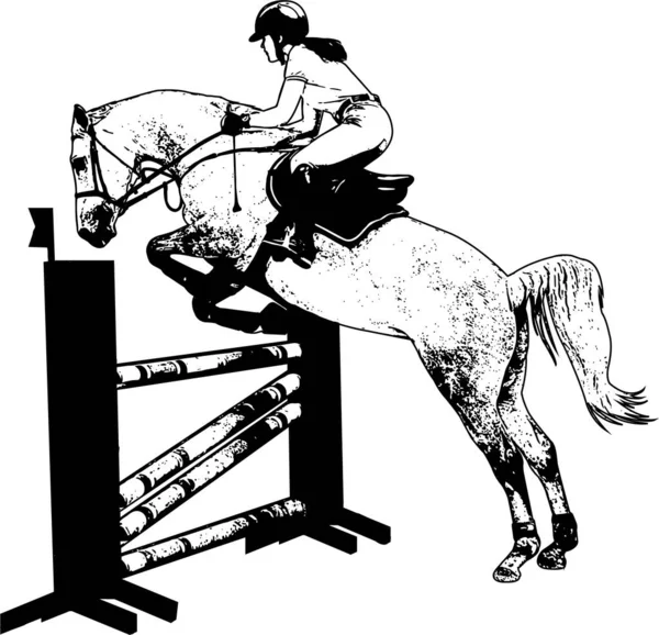 Show de salto. caballo con jinete saltando un bosquejo obstáculo illustra — Vector de stock