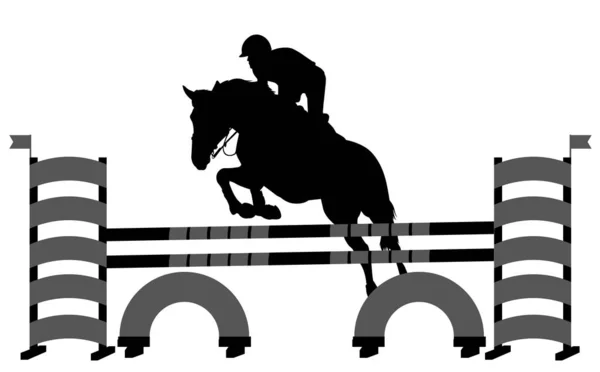ジャンプショー。ハードルシルエットをジャンプする騎手を持つ馬 — ストックベクタ