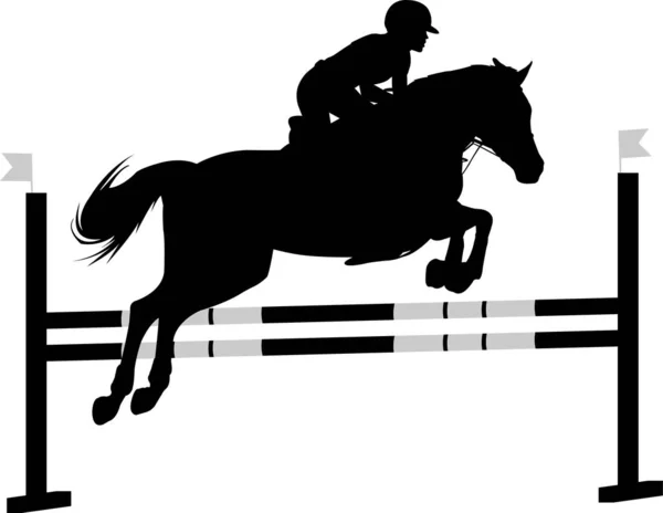 Spectacle sautant. cheval avec jockey sauter un obstacle silhouette — Image vectorielle