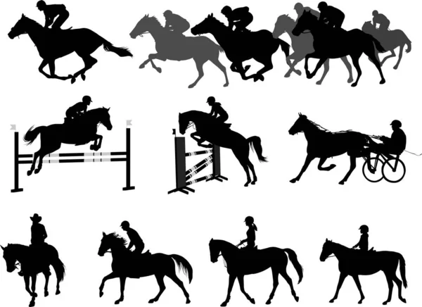 Paardrijden paarden silhouetten set. Paardensport en recreatie — Stockvector