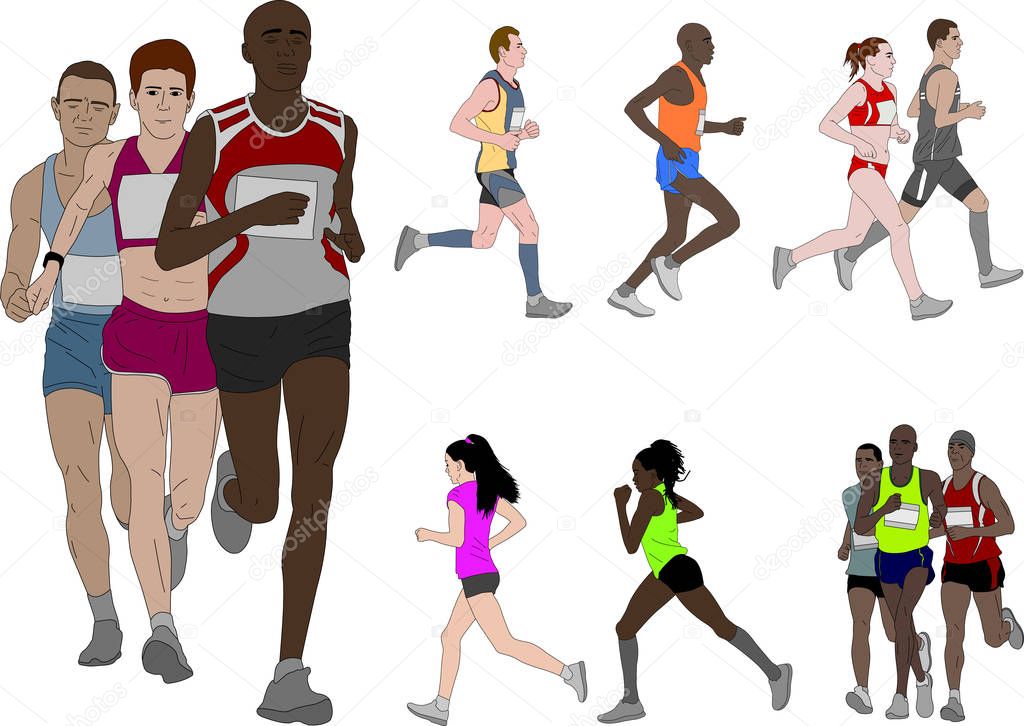 people running, detailed color illustration - vector