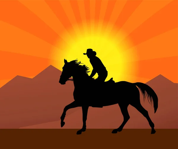 Cowboy montando um cavalo em uma silhueta de pôr do sol — Vetor de Stock