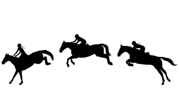 Cavaleiro pular em três passos, Saltar show. Desporto equestre . —  Vetores de Stock