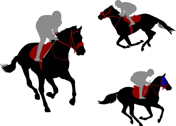 Corrida de cavalos e jóqueis silhuetas — Vetor de Stock