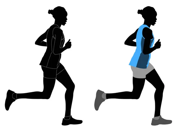 Kvinnlig löpare i färg sportkläder och silhuett med detaljerad o — Stock vektor