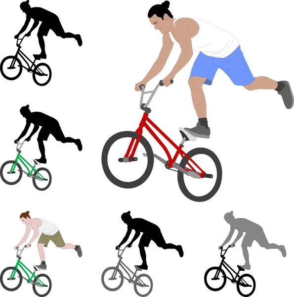 Bmx特技自行车手轮廓和彩色插图 — 图库矢量图片