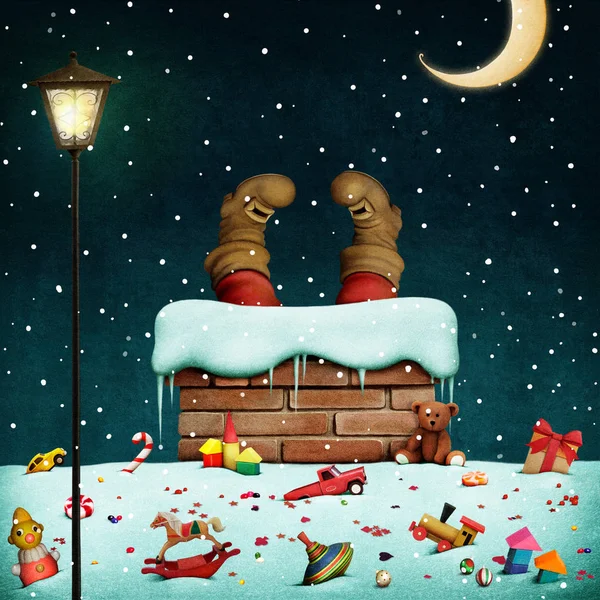 Fantasy illustration or greeting card for Christmas holiday with snow roof and legs of Santa Claus.