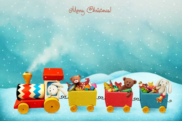 Holiday greeting card or poster with colorful train with Christmas gifts.