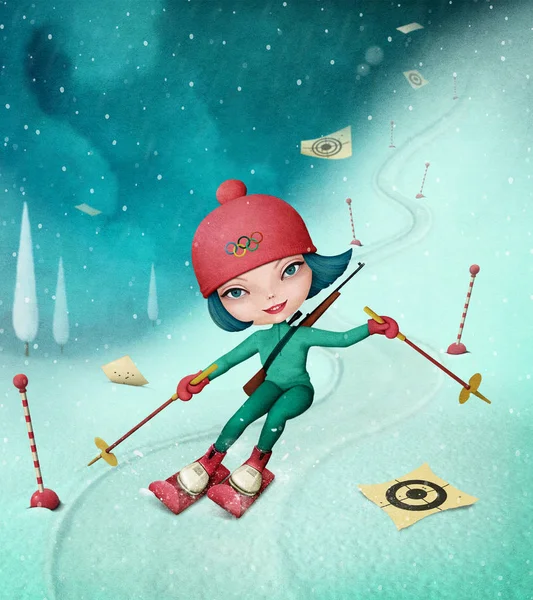 Holiday greeting card or poster with girl on slalom ski down winter mountainside.
