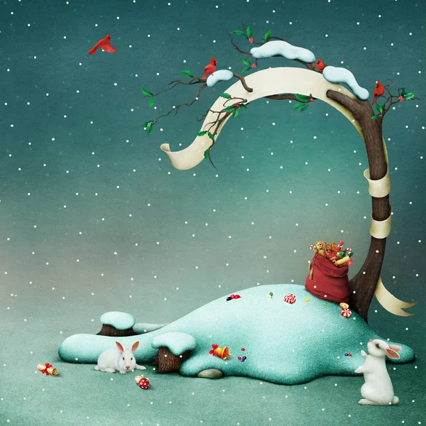 Winter Holiday Greeting Card or poster with snowy meadow and bag of gifts for Christmas, New Year — Stock Image Winter Holiday Greeting Card Poster Snowy Meadow Bag Gifts Christmas Stock Photo