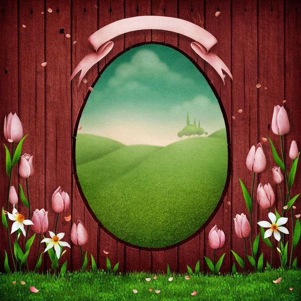 Spring Holiday Easter Greeting Postcard or poster with fence frame Egg
