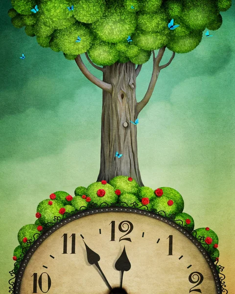 Concept fantasy illustration or poster with tree on the clock, Wonderland - Illustration