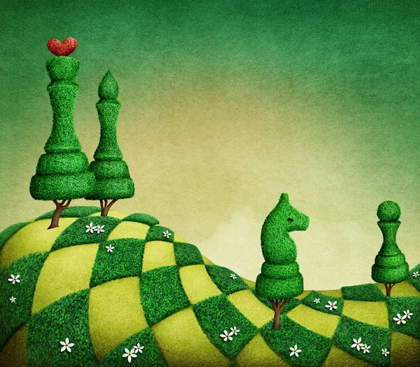 Fantasy green chess background with topiary figures in the form of chess. - Illustration