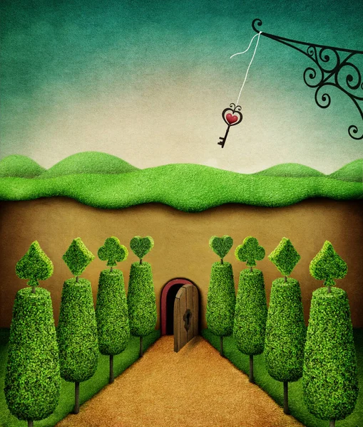 Concept fantasy illustration or poster with Small door and key, Wonderland. - Illustration