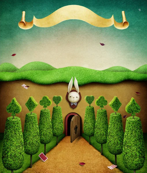 Concept fantasy illustration or poster with Small door and banner, Wonderland. - Illustration