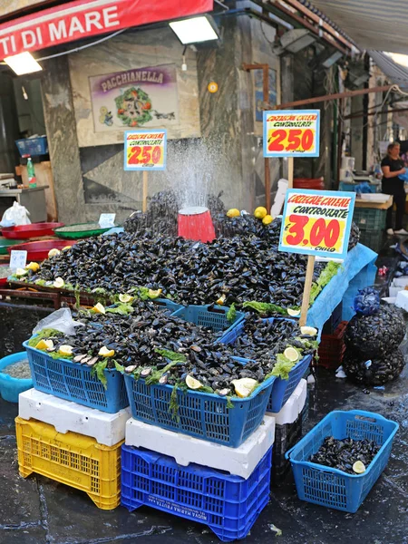 Naples Italy June 2014 Crates Mussels Front Seafood Shop Porta — Stock Photo, Image