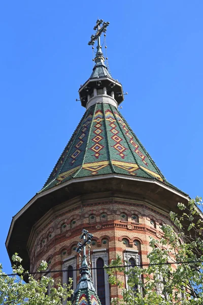 Torre Catedral Ortodoxa Com Cruz Timisoara Roménia — Fotografia de Stock