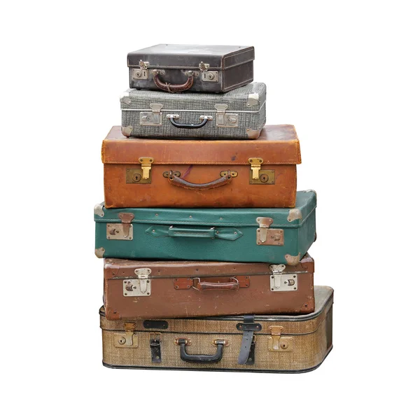 Stor Hög Med Vintage Resväska Retro Bagage Resor Isolerade — Stockfoto