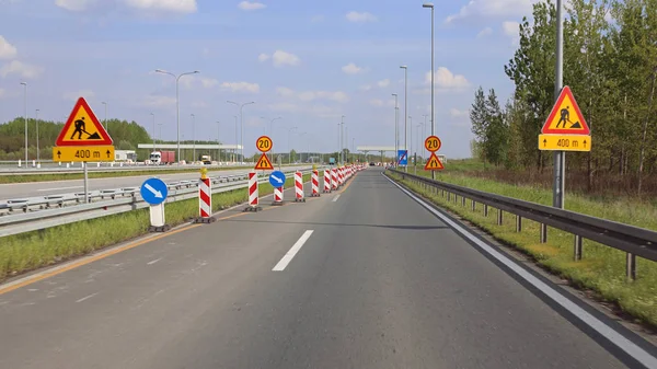 Road Works Highway Narrowing Lanes — Stock Photo, Image