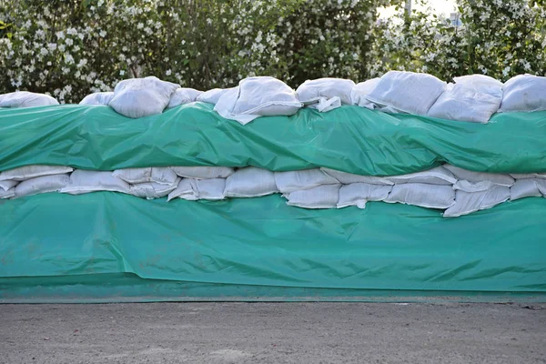 Wall Sand Bags Tarp Floods Protection — Stock Photo, Image